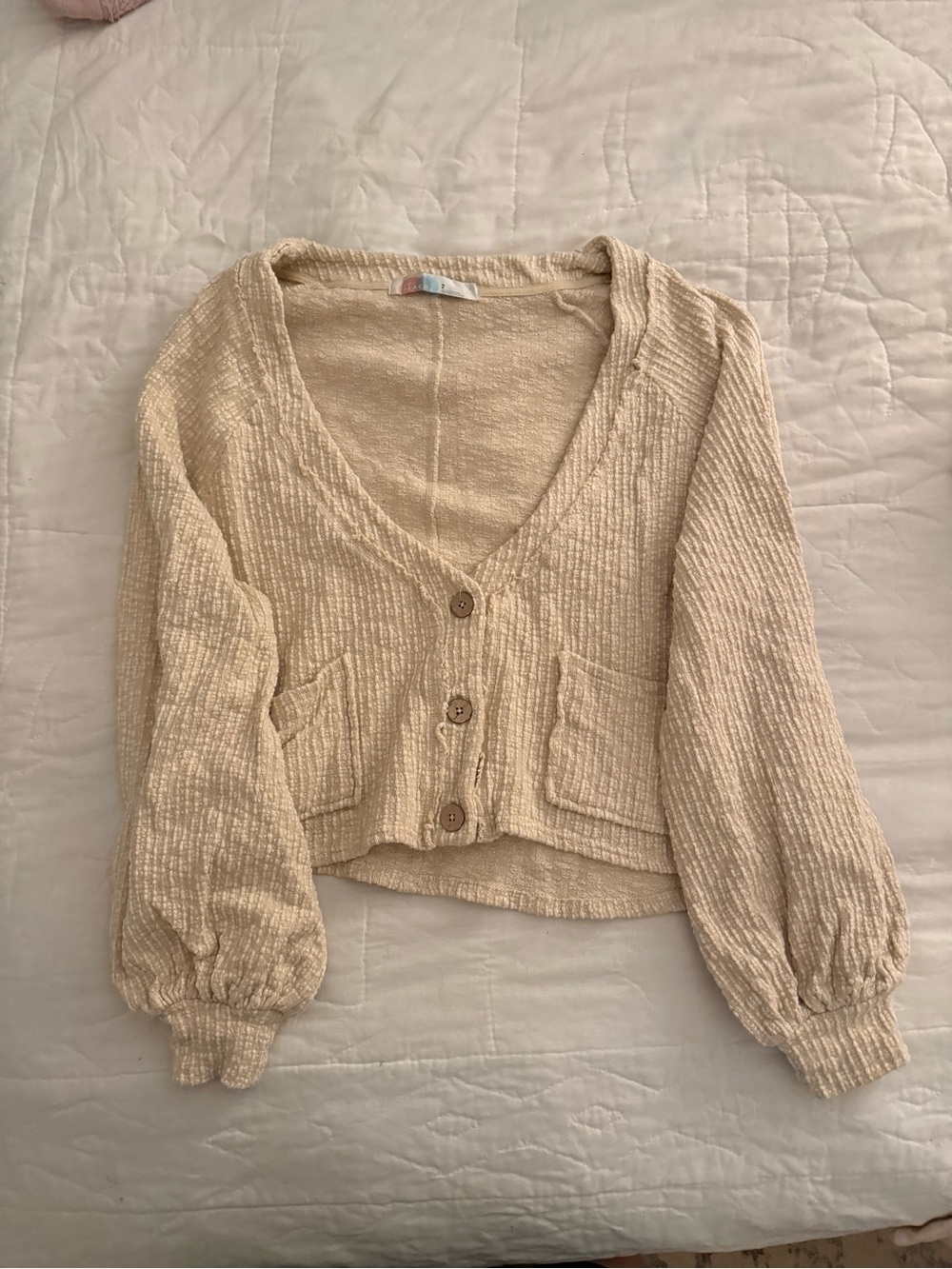 FP Beach Women's Cream V-Neck Button-Front Textured Sweater Cardigan